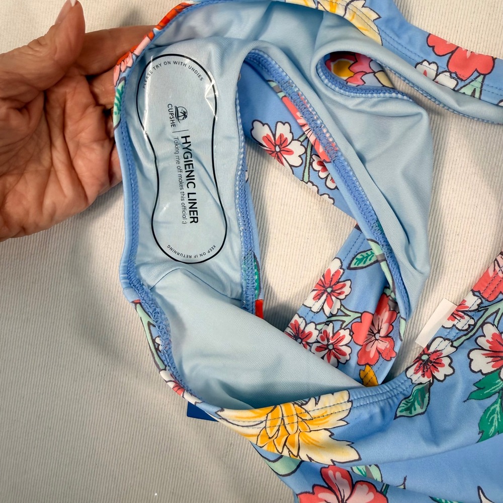Cupshe Floral Bikini Set S Top M Bottom Blue Orange Ruffle Tie Front High Cut - Picture 9 of 16